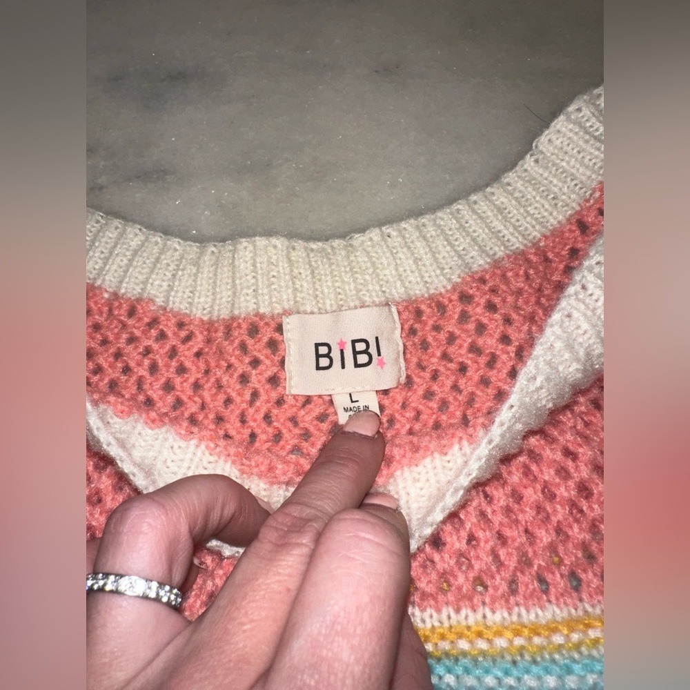 Bibi Size Large Boho Crochet Knit Multicolor Striped Women's Sweater - Picture 6 of 9